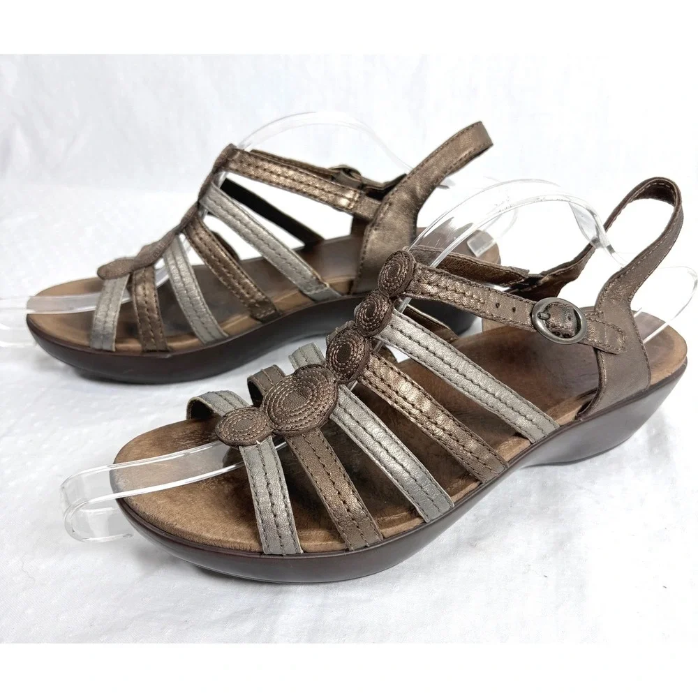 Dansko Womens Drea Fisherman Metallic Bronze Silver Gladiator Wedge Sandals US 9